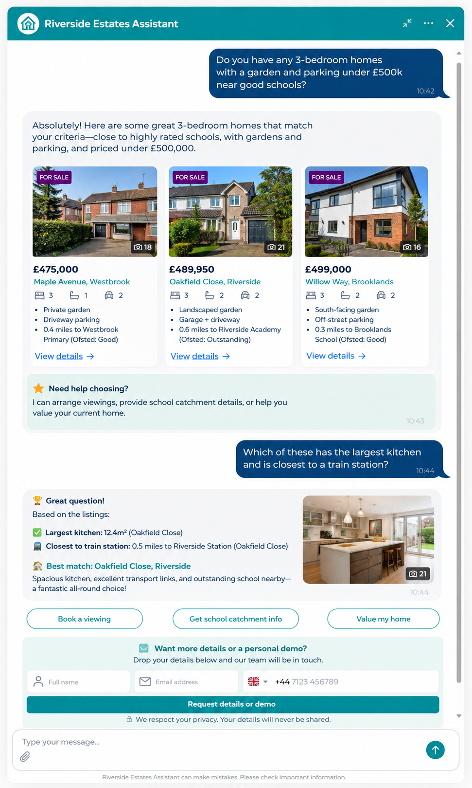An AIjly assistant answering a search, showing matching homes and offering to book a viewing or take details.