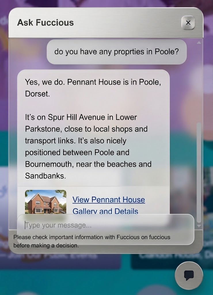 A customised AIjly chat answering a question about a property in Poole and offering a link to the listing.